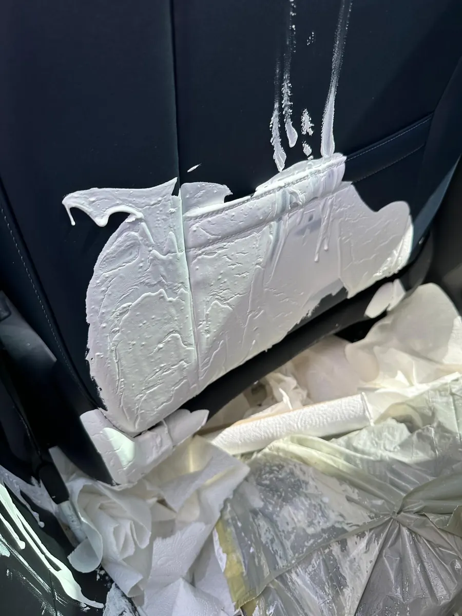 Rückseite des Fahrersitzes, Wandfarbe über das Alcantara gelaufen